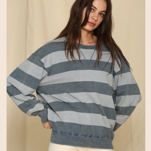 Blue Striped V-Stitched Stone Washed Sweater - Picture 2 of 12